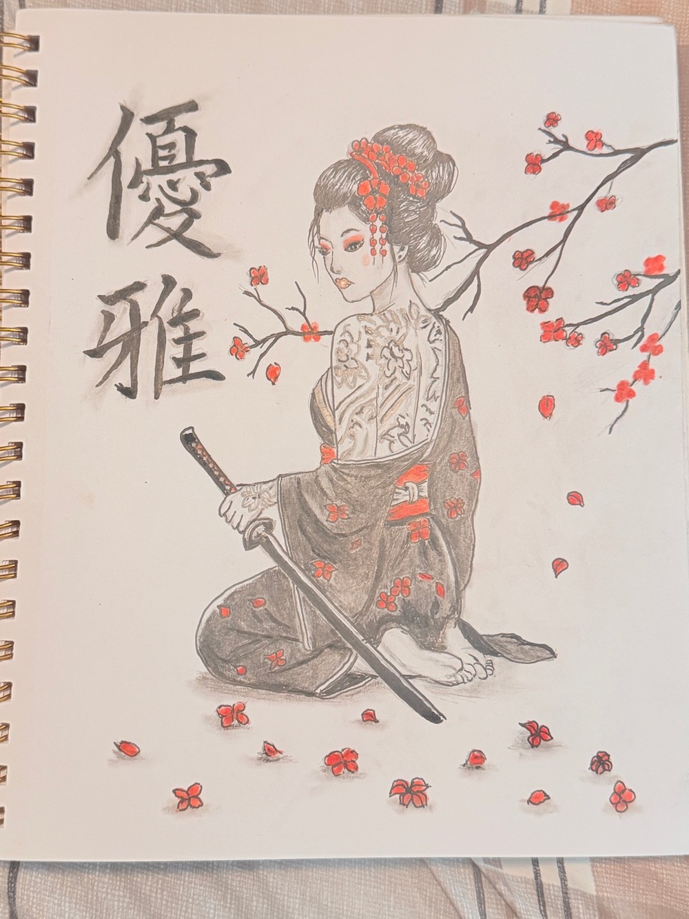 Elegant Geisha Art Print in Black and Red original geisha artwork 9x12